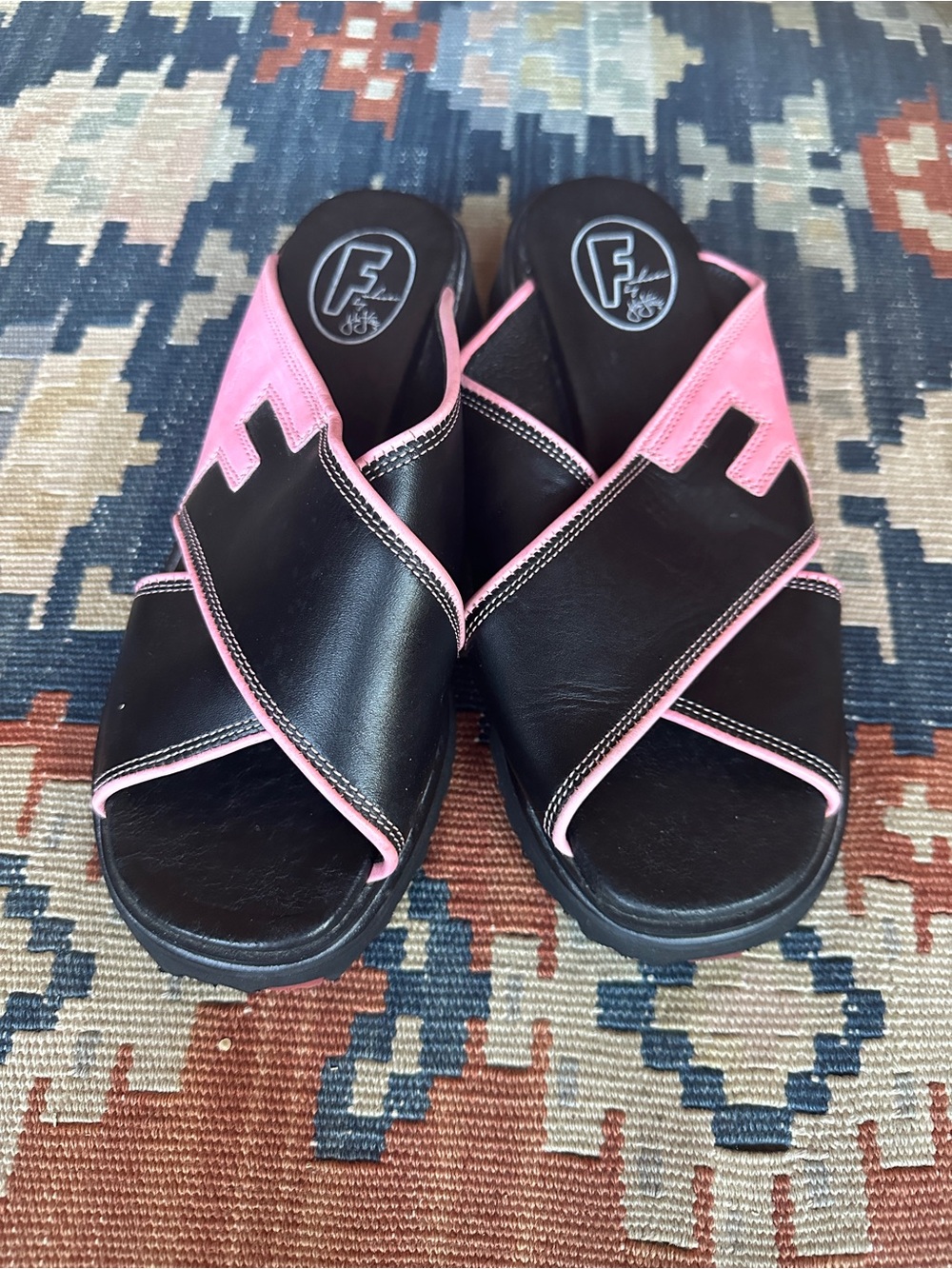 John Fluevog LOVE Jill Slide Sandals Hot Pink Black Y2K